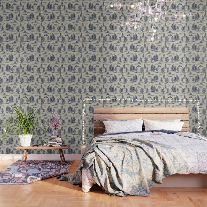Alien Abduction Toile De Jouy Pattern in Blue Wallpaper Gallery Image 2