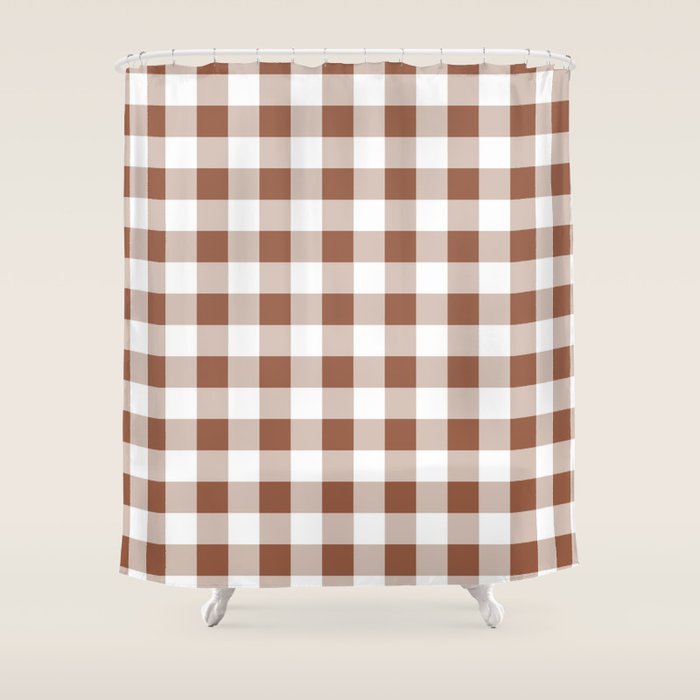 Gingham Large Brown White Shower Curtain Gallery Image 1