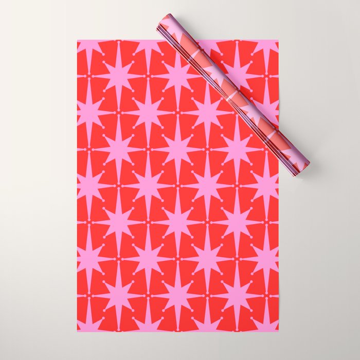 Retro Christmas Atomic Stars Mid Century Modern Pattern in Preppy Pink and Red Wrapping Paper Gallery Image 1