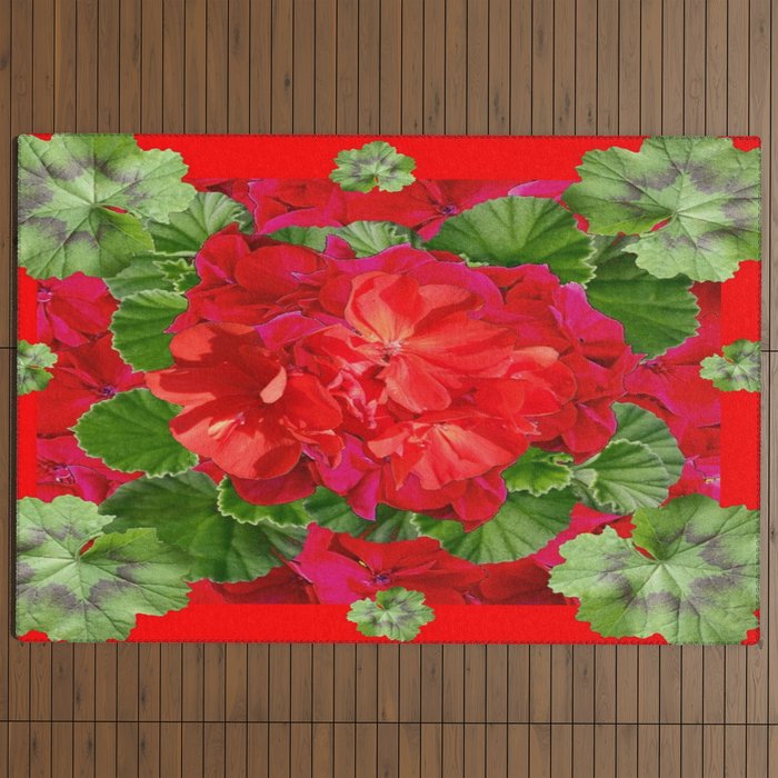 Decorative Red Flower Geraniums Green Leaves Abstract Outdoor Rug Gallery Image 4