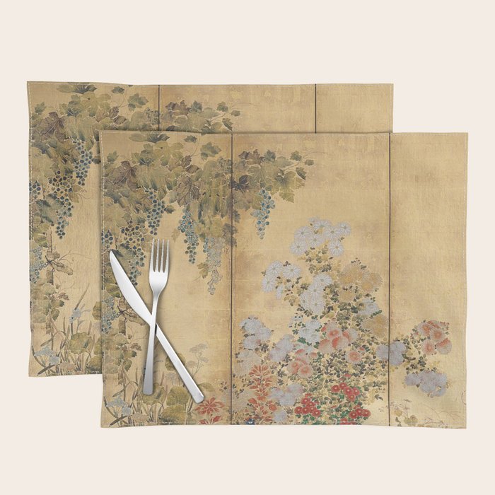 Japanese Edo Period Six-Panel Gold Leaf Screen - Spring and Autumn Flowers Placemat Gallery Image 2
