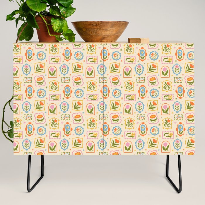 Colorful retro flower art frame art pattern Credenza Gallery Image 2
