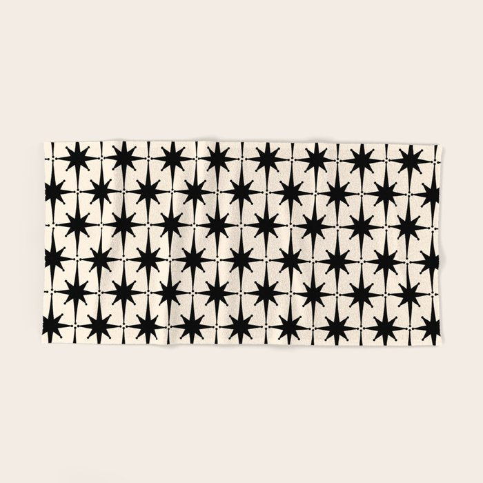 Midcentury Modern Atomic Age Starburst Pattern in Black and Almond Cream Bath Towel Gallery Image 2