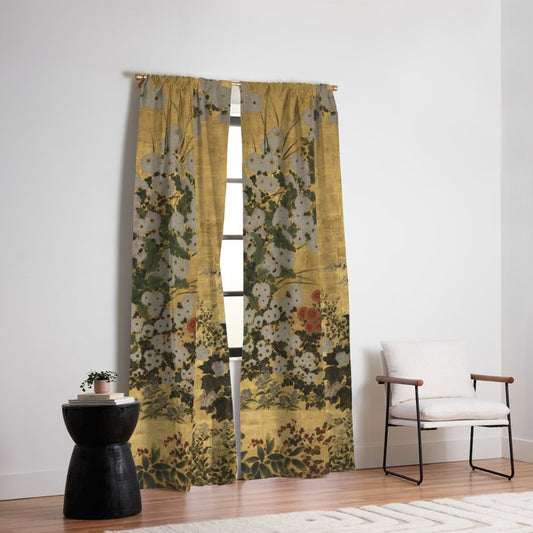 Red White Chrysanthemums Vintage Floral Japanese Gold Leaf Screen Window Curtain Gallery Image 2