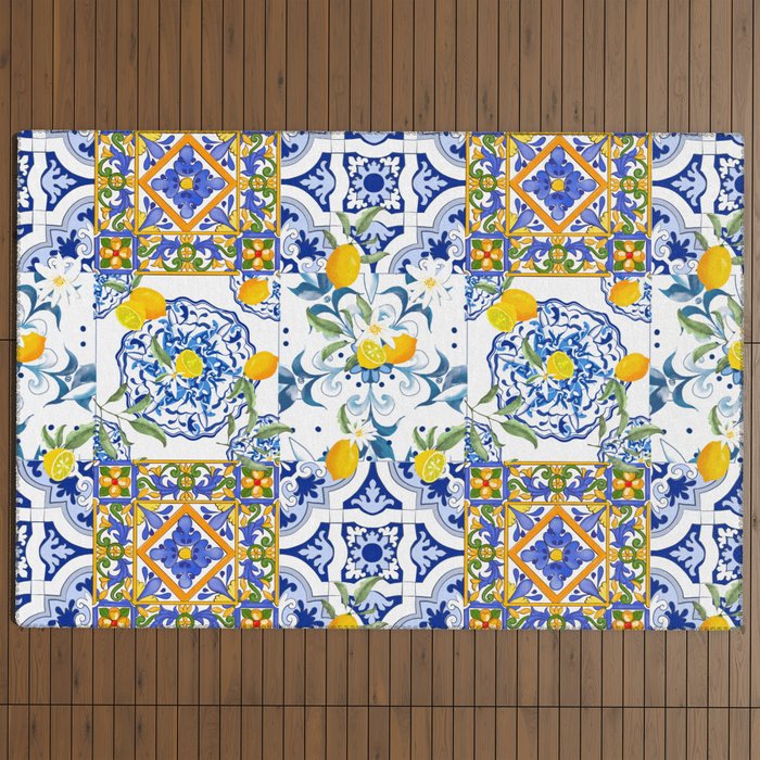 Summer, citrus ,Mediterranean style ,flowers,lemon fruit pattern Outdoor Rug Gallery Image 4