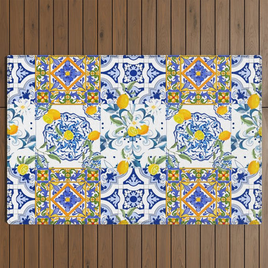 Summer, citrus ,Mediterranean style ,flowers,lemon fruit pattern Outdoor Rug Gallery Image 2