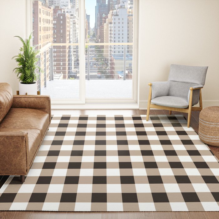 Gingham Large Tan Black White Rug Gallery Image 4