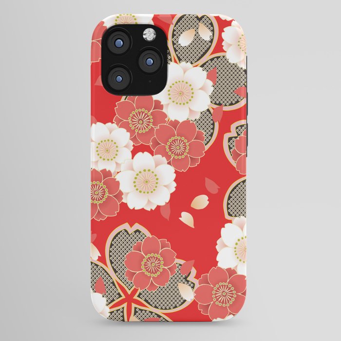 Japanese Vintage Red Black White Floral Kimono Pattern iPhone Case Gallery Image 44