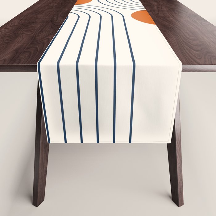 Mid Century Modern Geometric 88 in Navy Blue and Orange (Rainbow and Sun Abstraction) Table Runner Gallery Image 1