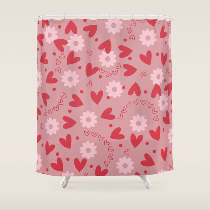 Hearts and Flowers on Tea Rose Pink Shower Curtain Gallery Image 1