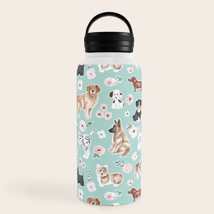 Cute Dogs on Aqua Blue, Dogs and Flowers, Pet Painting, Cute Animals, Golden Retriever, Dachshund, Corgi, Bulldog, Dalmation Water Bottle Gallery Image 6