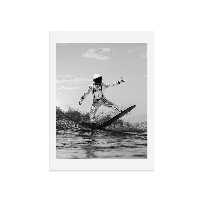 Space Surfer - Black And White - Futuristic Surf Photo Art Print - Astronaut Riding a Wave Art Print Gallery Image 9