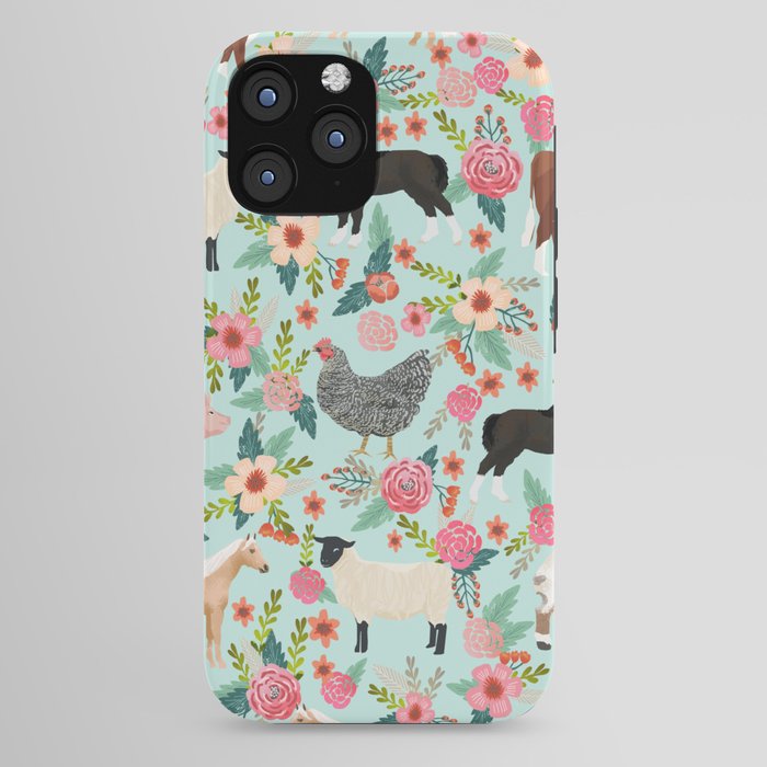 Farm animal sanctuary pig chicken cows horses sheep floral pattern gifts iPhone Case Gallery Image 44