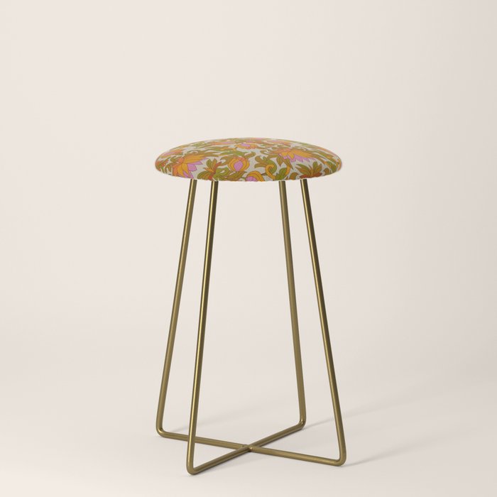 Orange, Pink Flowers and Green Leaves 1960s Retro Vintage Pattern Stool Gallery Image 4