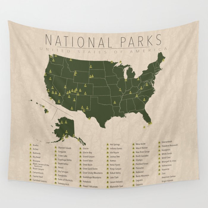 US National Parks w/ State Borders Wall Tapestry Gallery Image 4