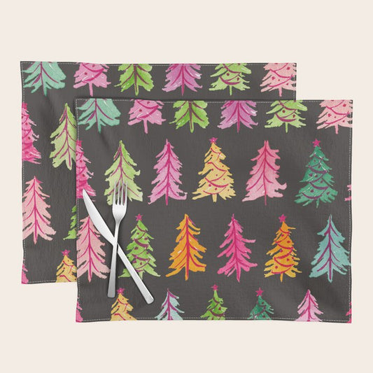 Colorful Vintage Bottlebrush Christmas Trees on Black Placemat Gallery Image 1