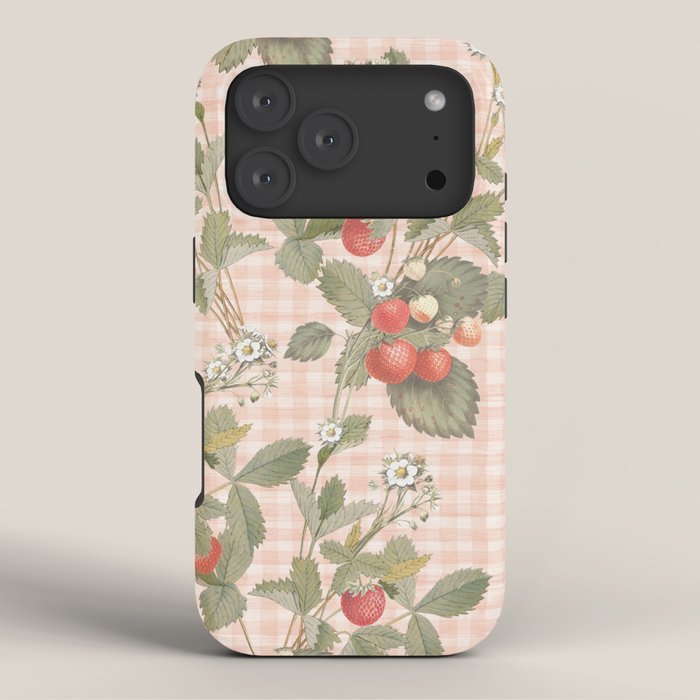 Vintage wild strawberries on cottage pink gingham pattern iPhone Case Gallery Image 3
