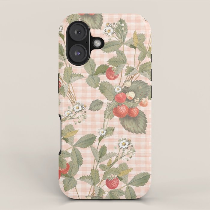Vintage wild strawberries on cottage pink gingham pattern iPhone Case Gallery Image 1