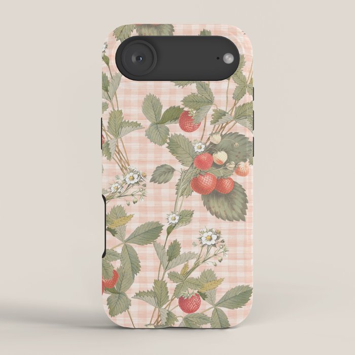 Vintage wild strawberries on cottage pink gingham pattern iPhone Case Gallery Image 2