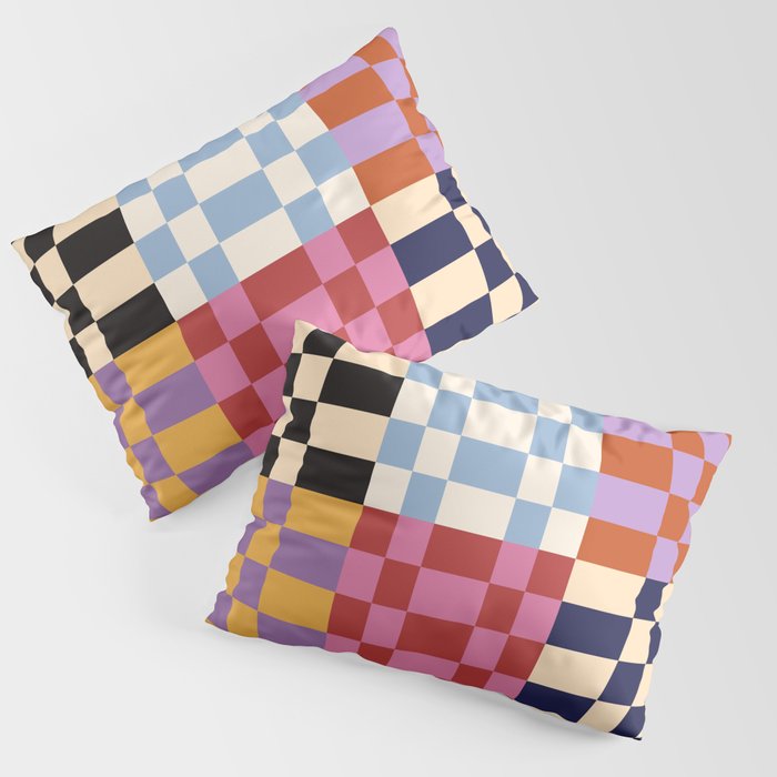Retro 70s Colorful Patchwork Checkerboard Pillow Sham Gallery Image 3