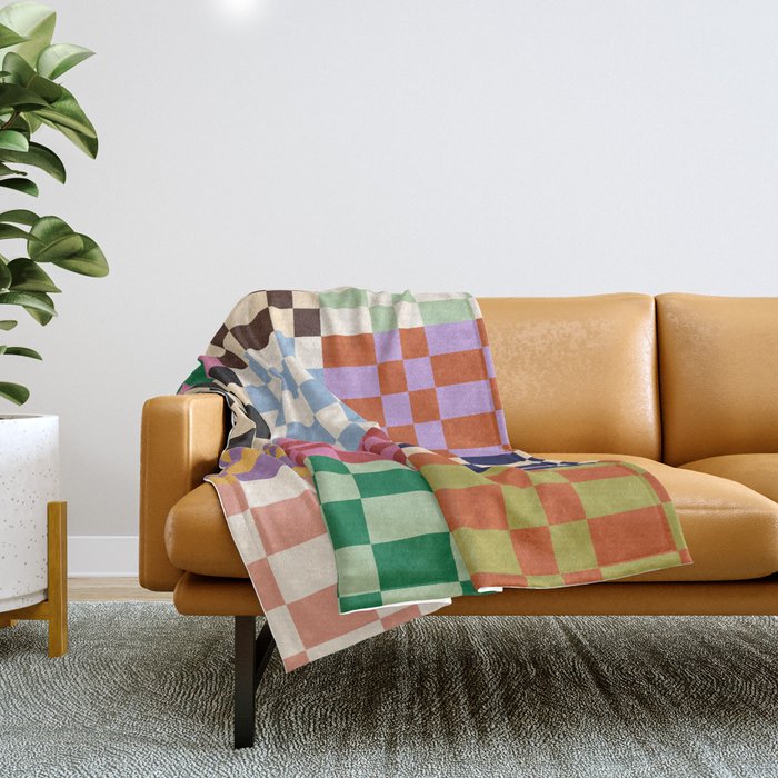 Retro 70s Colorful Patchwork Checkerboard Throw Blanket Gallery Image 1
