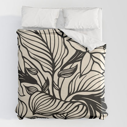 Geometric Floral Abstract Pattern in Black and White Cream Line Drawing Duvet Cover Gallery Image 2