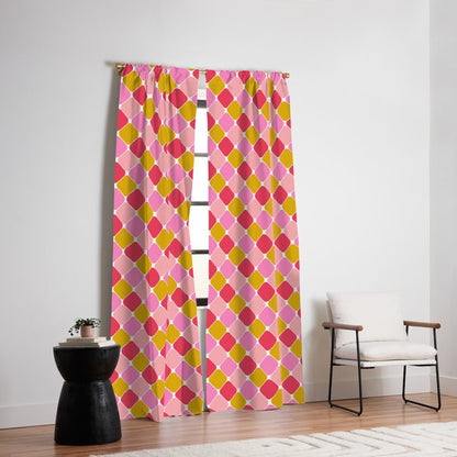 Checkered Geometric Shapes - Pink, Red, Yellow Window Curtain Gallery Image 6