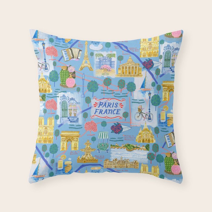Paris France Map Illustration & Pattern in Blue Throw Pillow Gallery Image 1