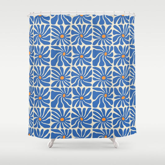 Vintage blue flower art pattern Shower Curtain Gallery Image 1