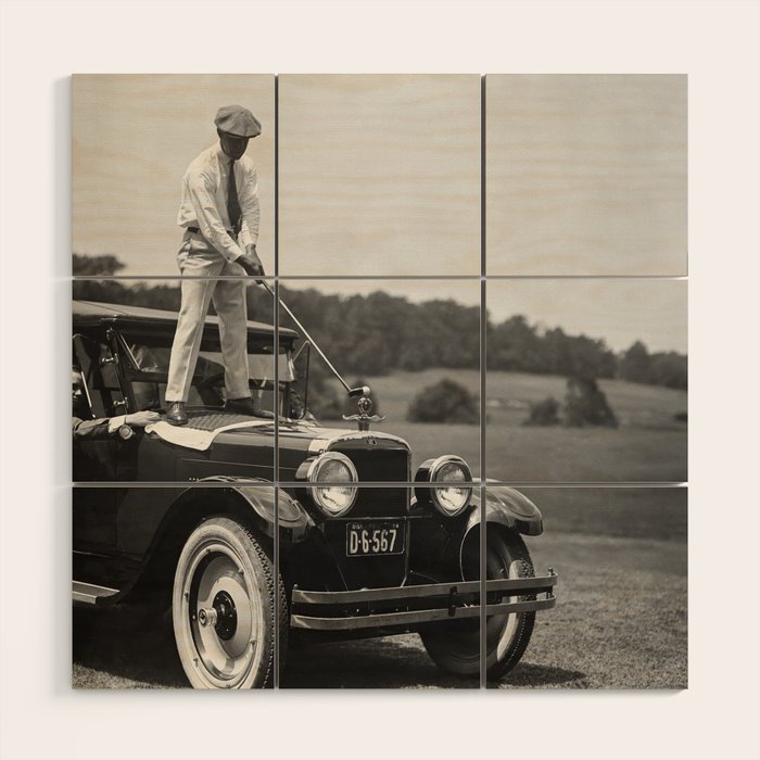 Golfer Teeing Off on Top of Car, Black and White, Old Photo, Vintage Golf Art Wood Wall Art Gallery Image 2
