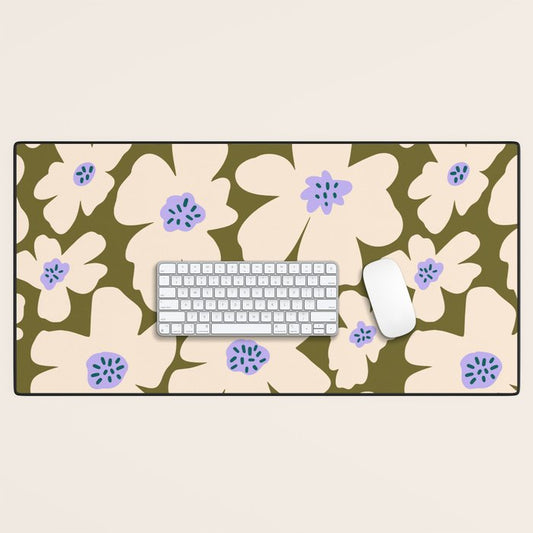 Retro Daisy - cream, purple and dark olive Desk Mat Gallery Image 1