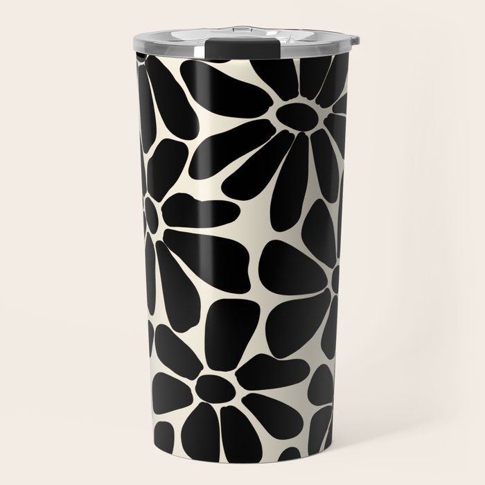 Black and White Retro Floral Art Print Travel Mug Gallery Image 1