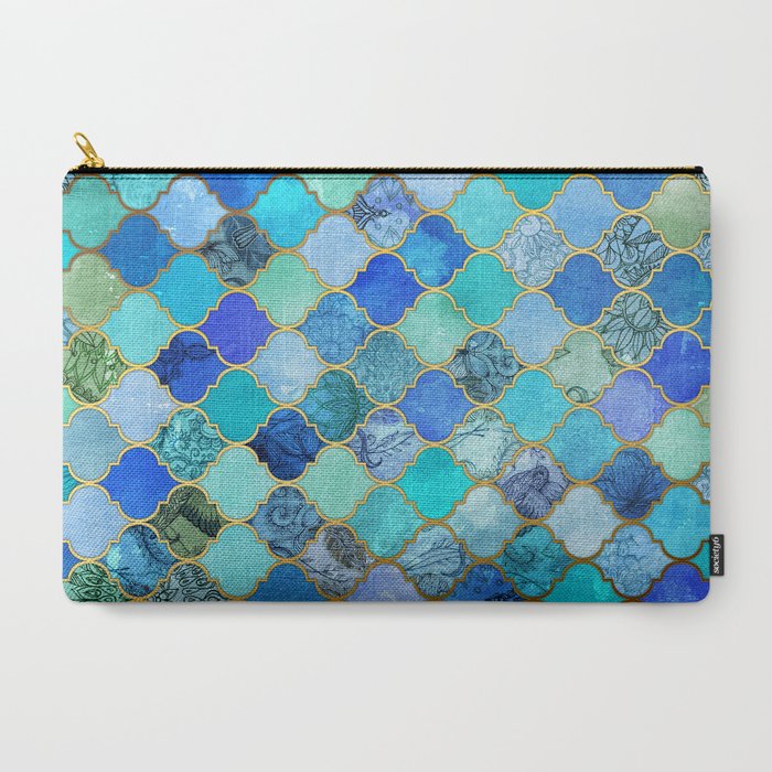 Cobalt Blue, Aqua & Gold Decorative Moroccan Tile Pattern Carry All Pouch Gallery Image 3