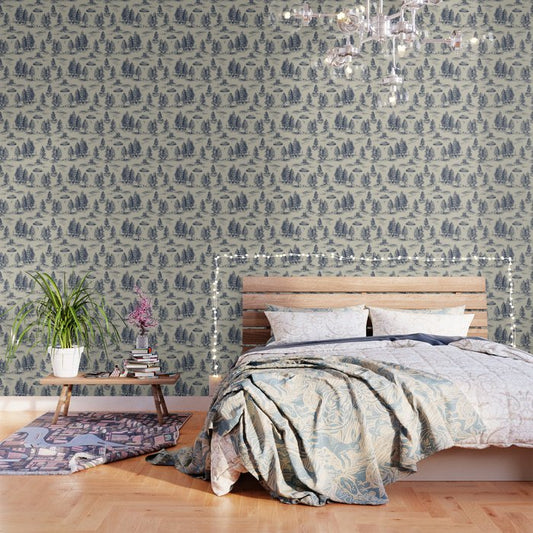 Alien Abduction Toile De Jouy Pattern in Blue Wallpaper Gallery Image 1