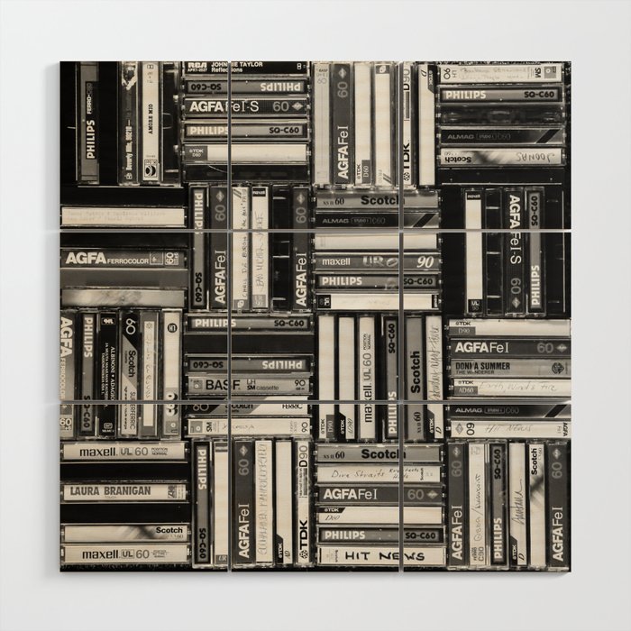 Music Cassette Stacks - Black and White - Something Nostalgic IV #decor #society6 #buyart Wood Wall Art Gallery Image 2