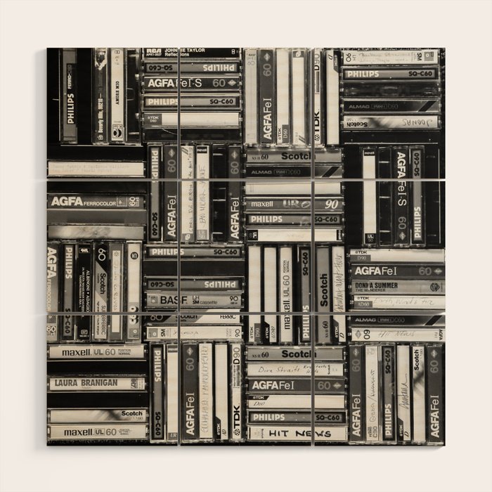 Music Cassette Stacks - Black and White - Something Nostalgic IV #decor #society6 #buyart Wood Wall Art Gallery Image 1