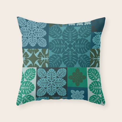 Hawaiian Monstera Quilt pattern Blues Throw Pillow Gallery Image 6