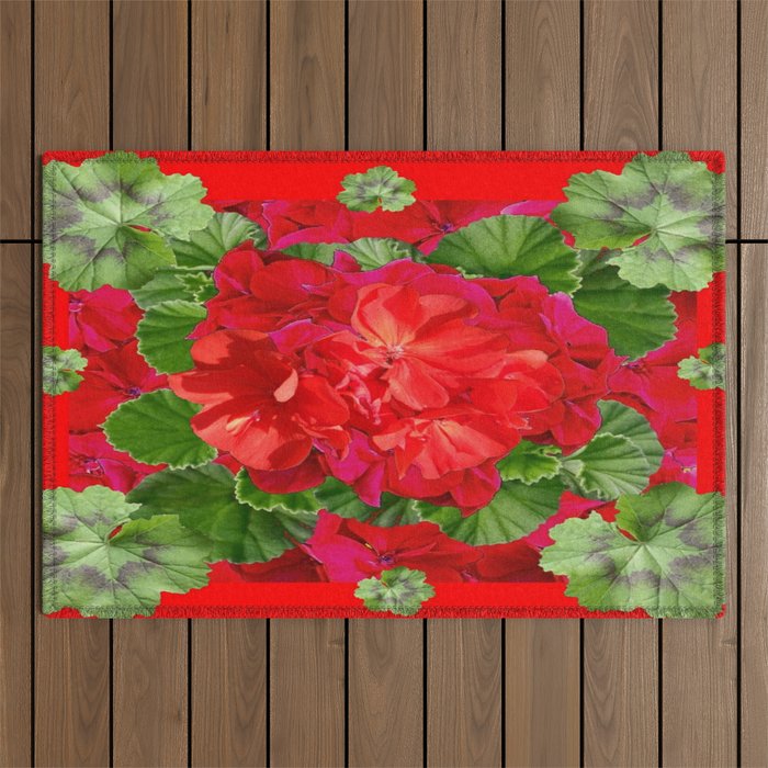 Decorative Red Flower Geraniums Green Leaves Abstract Outdoor Rug Gallery Image 1