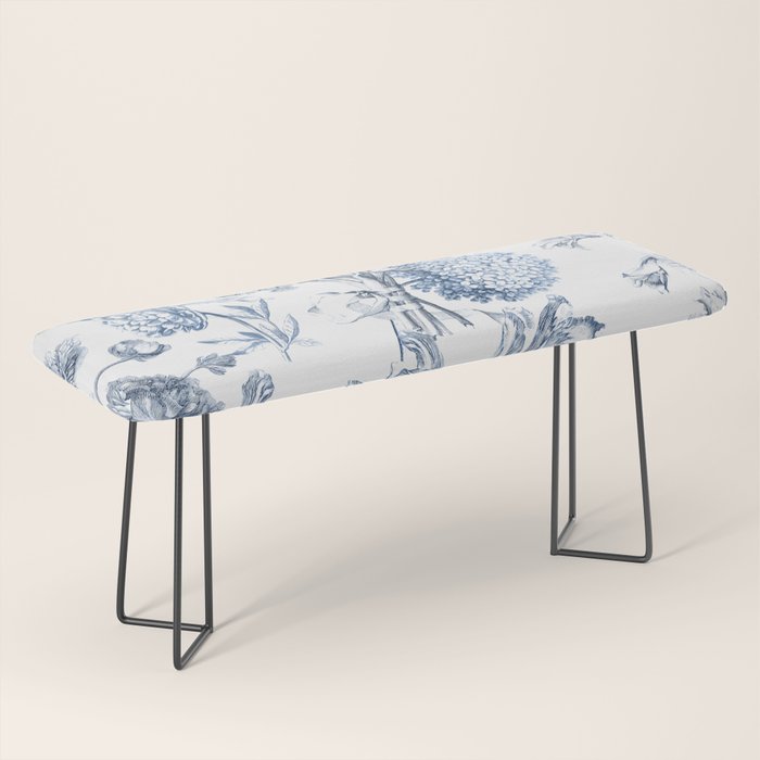 Floral Toile, Blue with White Background Bench Gallery Image 1