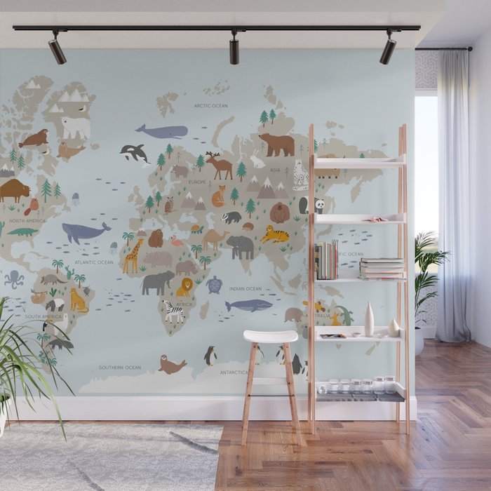 Animal World Map for Kids - Blue Wall Mural Gallery Image 1