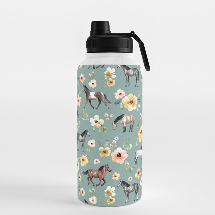 Horses and Sunrise Blue Floral, Horse Love, Wild Horses, Yellow and Pink Flowers Water Bottle Gallery Image 5