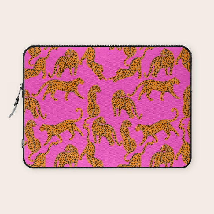 Abstract leopard with red lips illustration in fuchsia background Laptop Sleeve Gallery Image 1