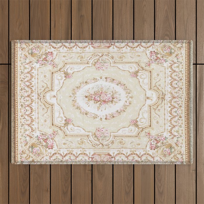 Antique French 19th Century Aubusson Rose Floral Outdoor Rug Gallery Image 1