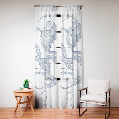 Blue nautical vintage octopus illustration Window Curtain Gallery Image 20