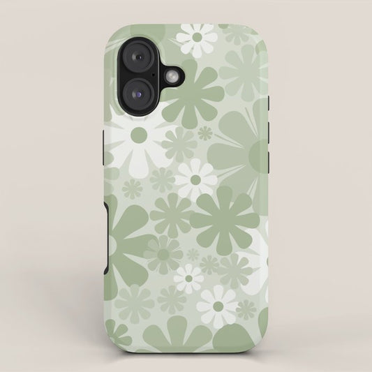 Retro 60s 70s Aesthetic Floral Pattern in Pretty Pastel Sage Green iPhone Case Gallery Image 1