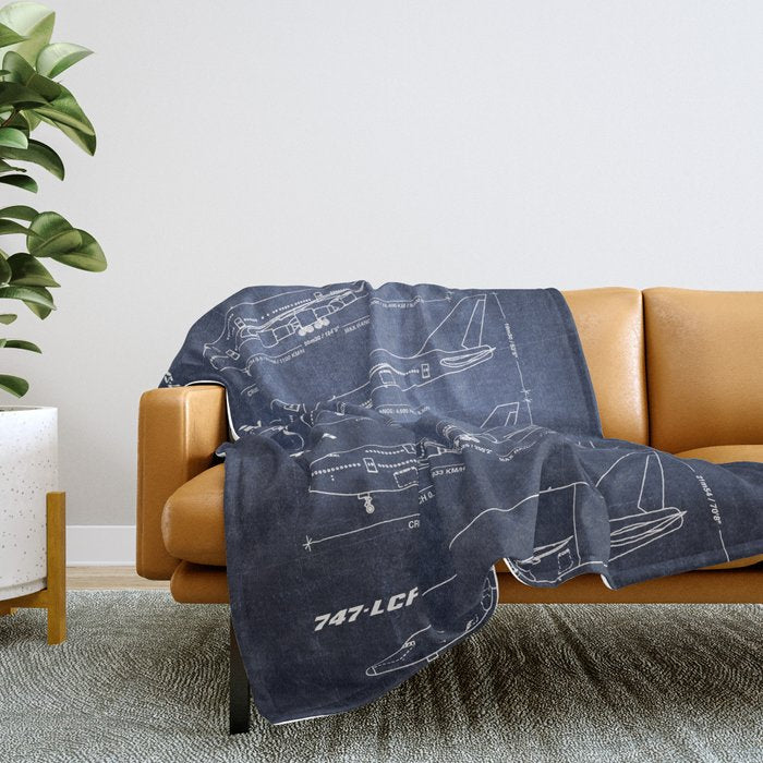 Boeing 747 Family Blueprint in High Resolution (dark blue) Throw Blanket Gallery Image 2