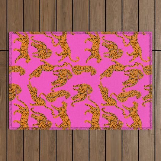Abstract leopard with red lips illustration in fuchsia background Outdoor Rug Gallery Image 1