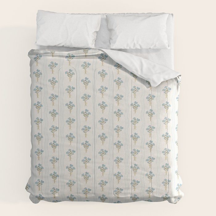 Delicate floral bouquets with vertical stripes - light blue peacock and moss green flowers pattern Comforter Gallery Image 7
