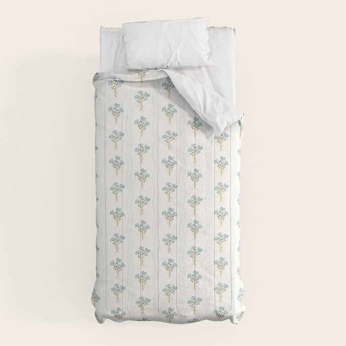Delicate floral bouquets with vertical stripes - light blue peacock and moss green flowers pattern Comforter Gallery Image 10