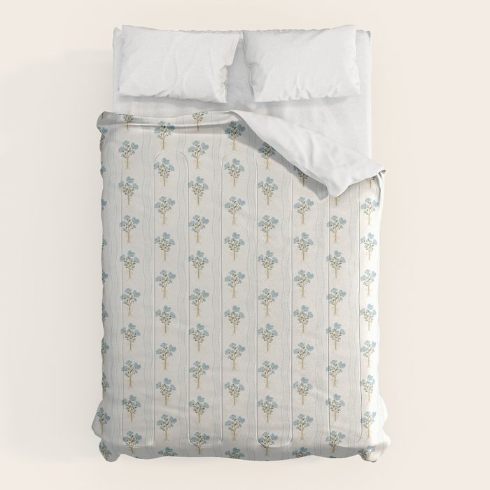 Delicate floral bouquets with vertical stripes - light blue peacock and moss green flowers pattern Comforter Gallery Image 6